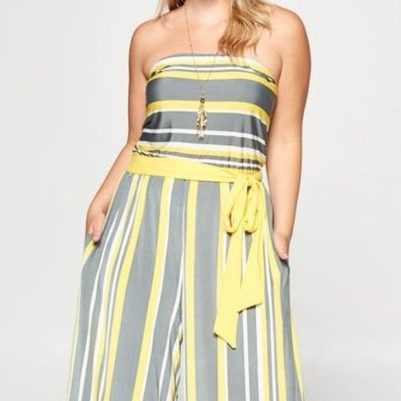 New!Plus Size Yellow Striped Wide Leg Jumpsuit Belt Side Pockets Sizes 1X 2X 3X - Picture 4 of 6
